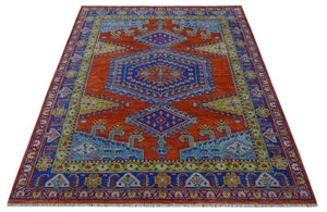 Hand Knotted Rust, Blue and Olive Traditional 8x10 Antique Style Wool Area Rug