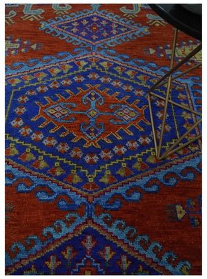 Hand Knotted Rust, Blue and Olive Traditional 8x10 Antique Style Wool Area Rug
