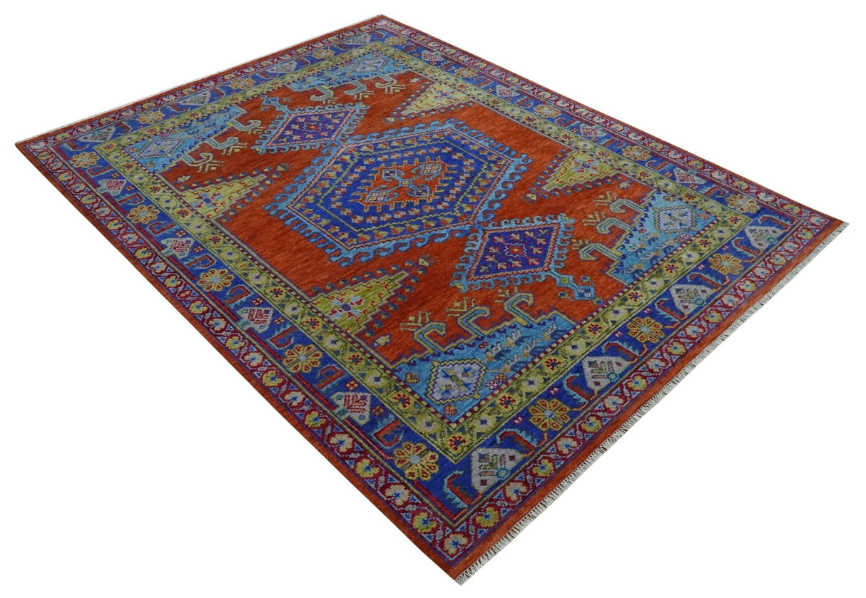 Hand Knotted Rust, Blue and Olive Traditional 8x10 Antique Style Wool Area Rug
