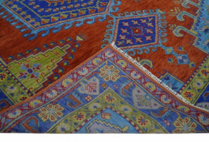 Hand Knotted Rust, Blue and Olive Traditional 9x12 Antique Style Wool Area Rug