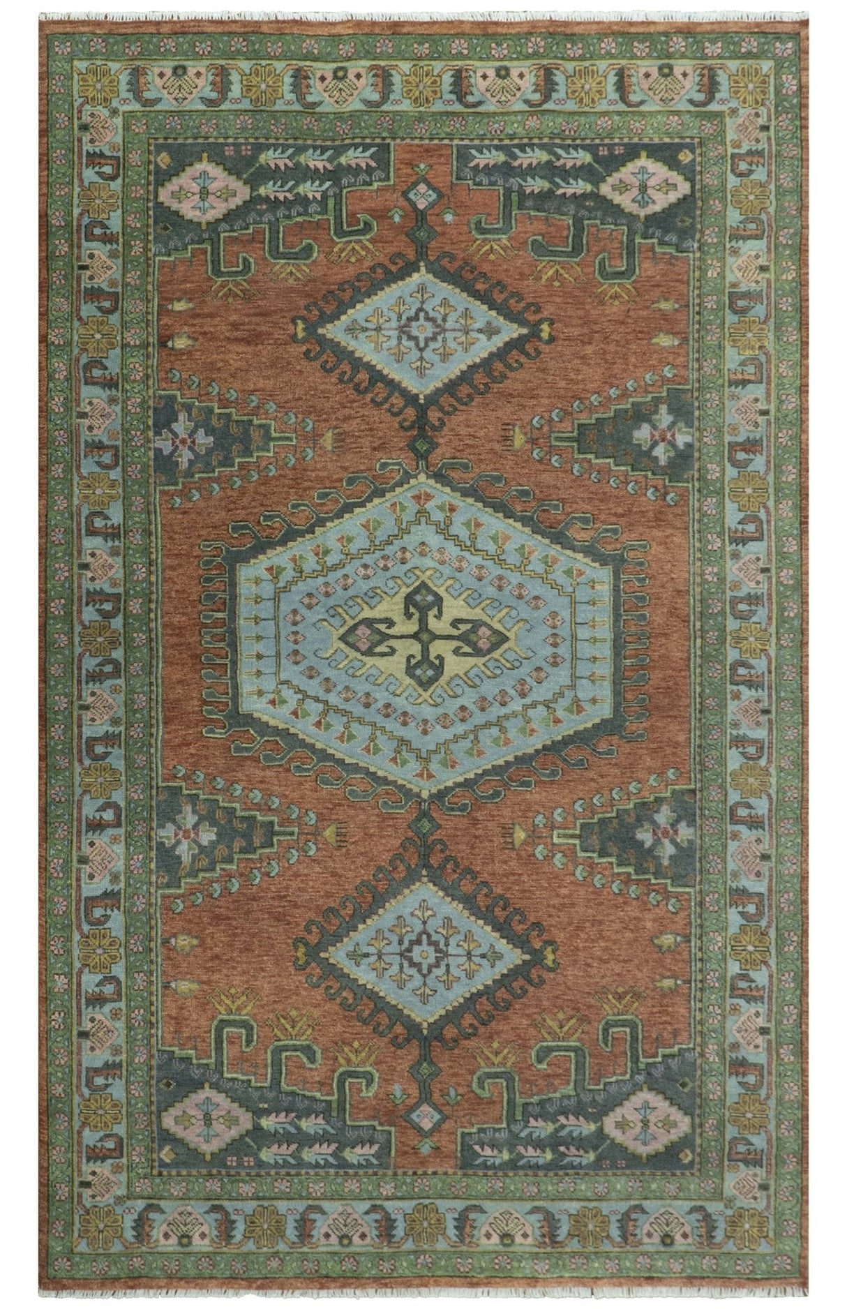 Hand Knotted Rust, Blue and Olive Traditional Antique Wool Rug