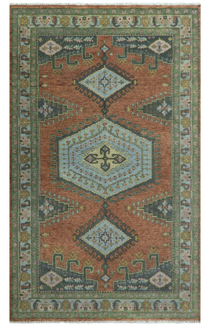 Hand Knotted Rust, Blue and Olive Traditional Antique Wool Rug