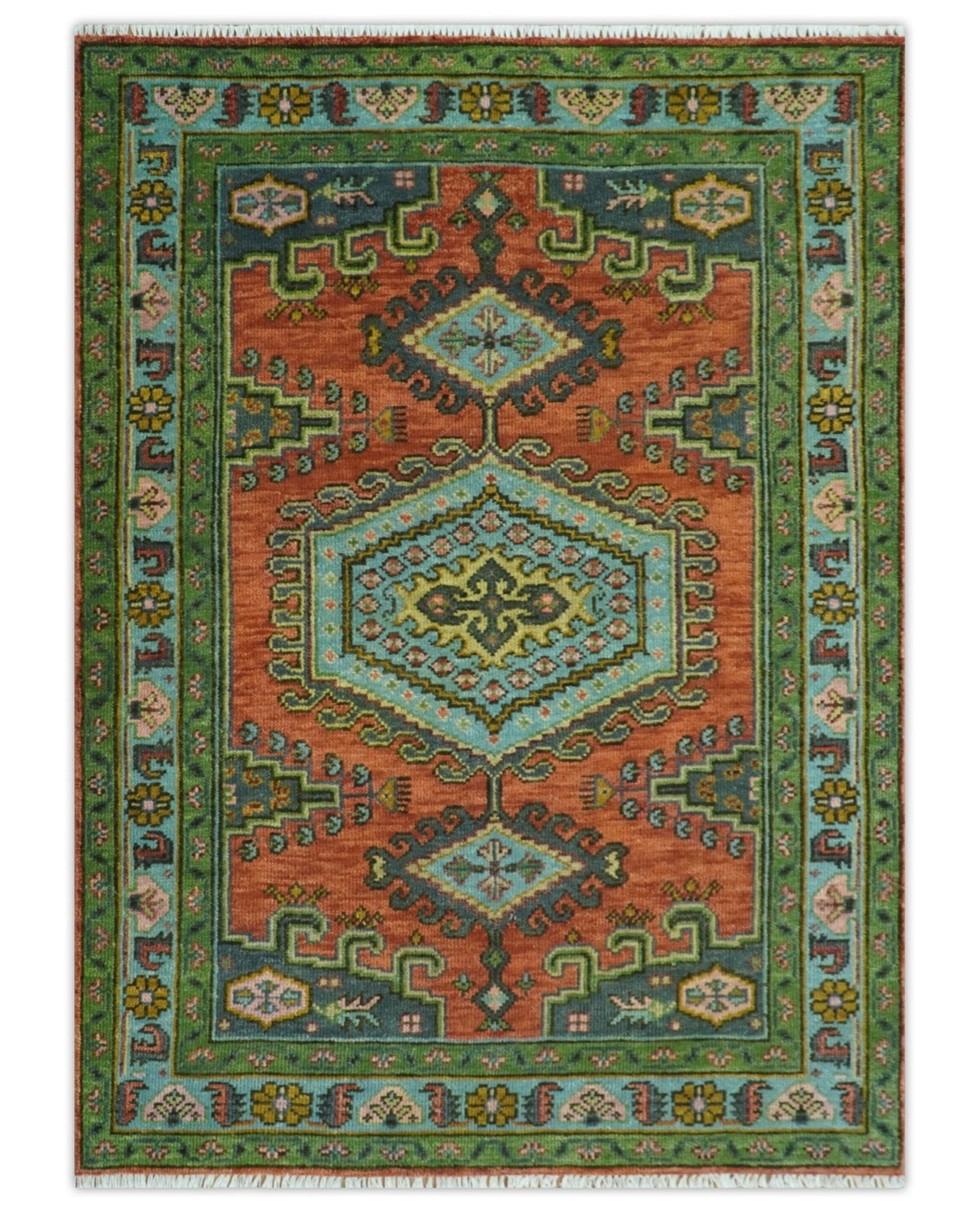 Hand Knotted Rust, Blue and Olive Traditional Antique Wool Rug