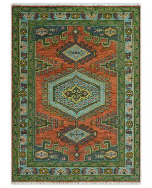 Hand Knotted Rust, Blue and Olive Traditional Antique Wool Rug