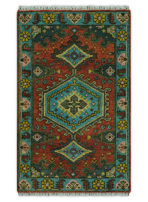 Hand Knotted Rust, Blue and Olive Traditional Antique Wool Rug