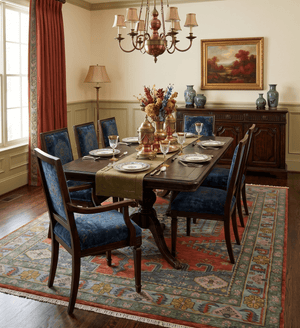 Hand Knotted Rust, Blue and Olive Traditional Antique Wool Rug