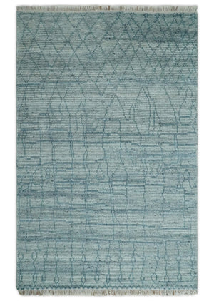 Hand Knotted Silver and Blue Modern Trellis Moroccan Blended Wool Rug