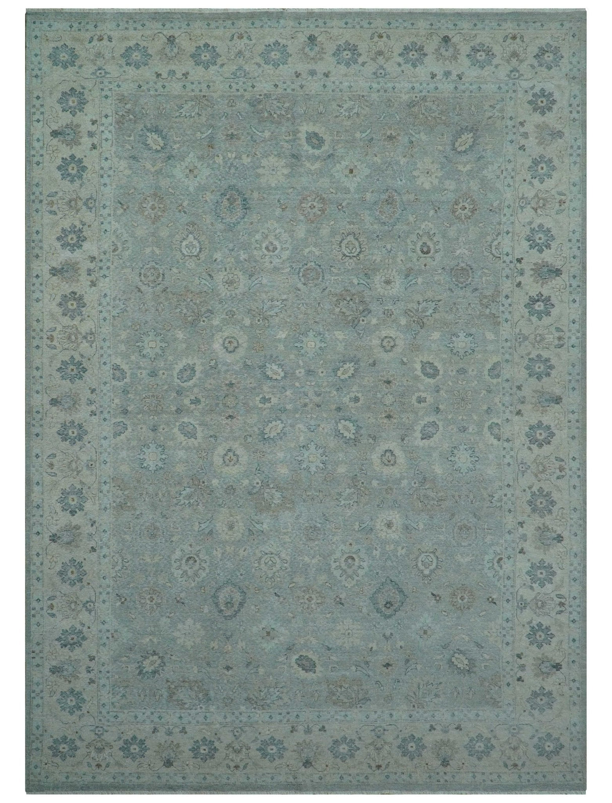 Hand Knotted Silver And Blue Traditional Distressed 10x14 Wool Area Rug