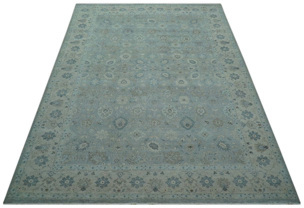 Hand Knotted Silver And Blue Traditional Distressed 10x14 Wool Area Rug