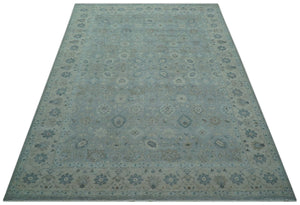 Hand Knotted Silver And Blue Traditional Distressed 10x14 Wool Area Rug