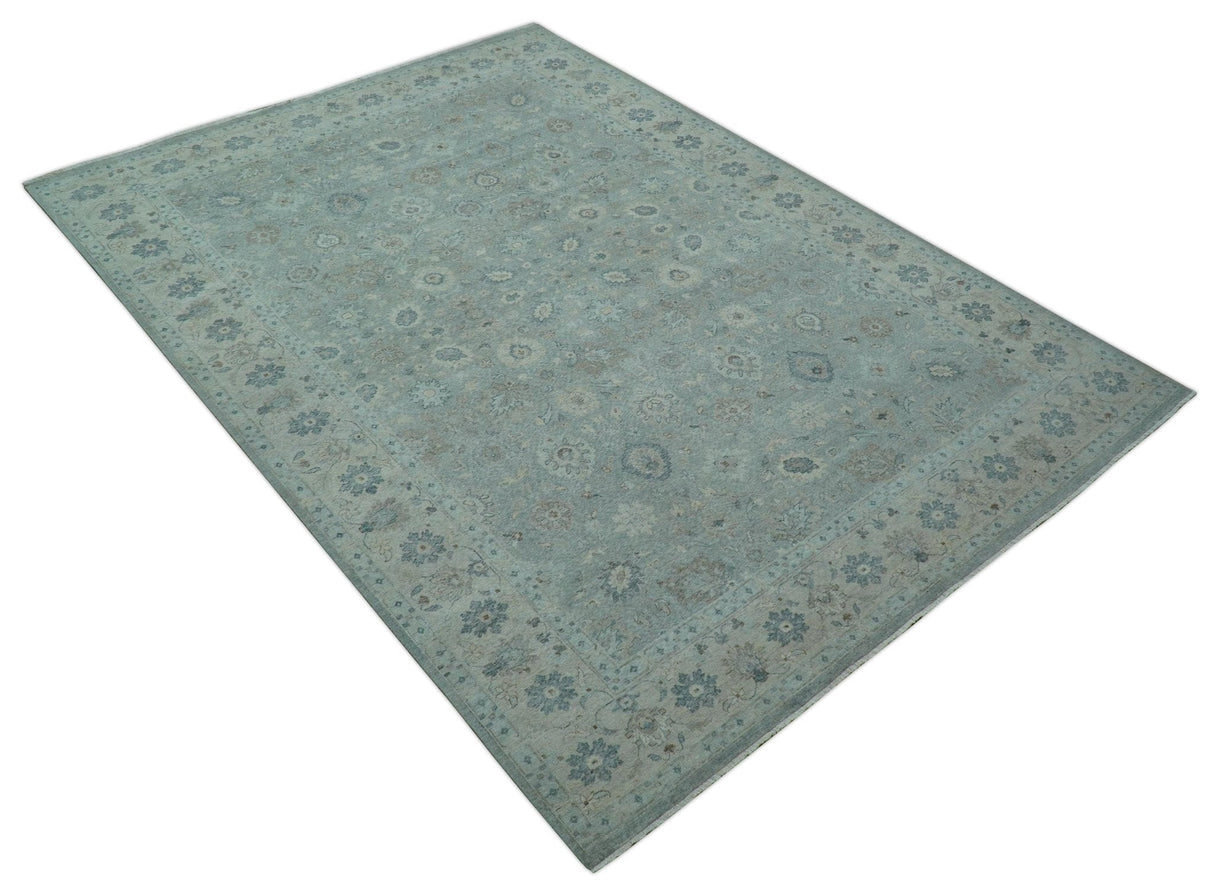 Hand Knotted Silver And Blue Traditional Distressed 10x14 Wool Area Rug