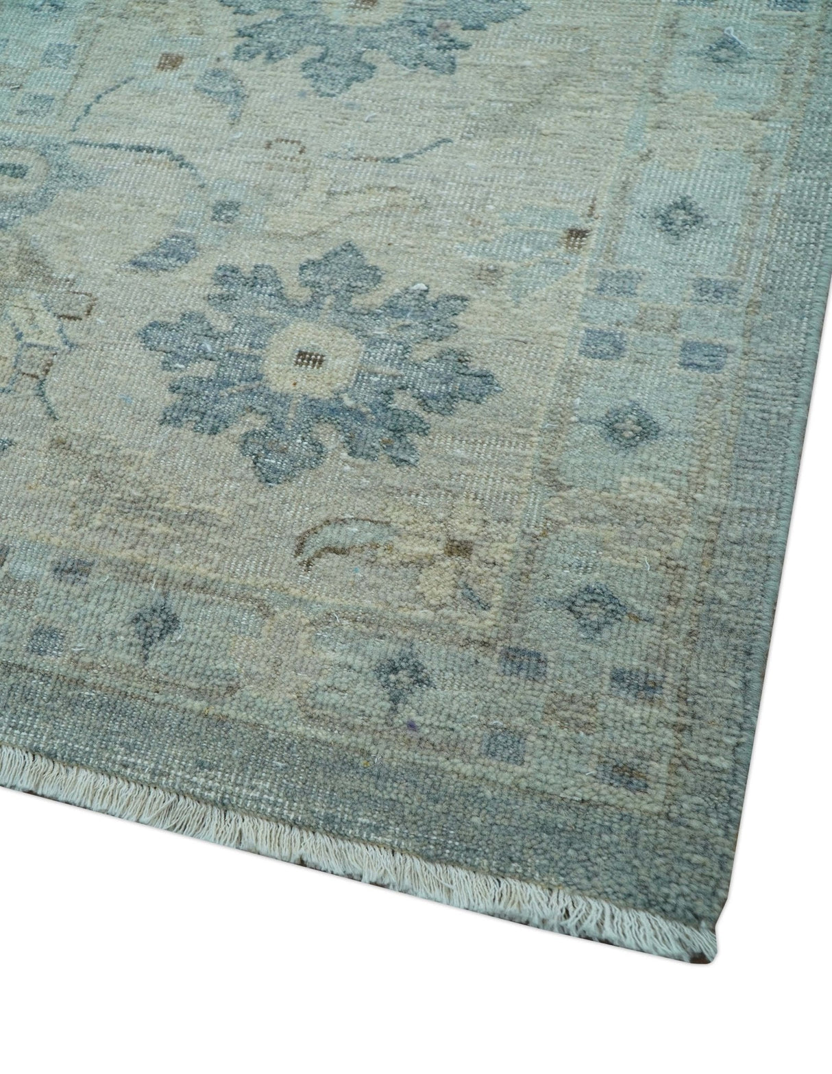 Hand Knotted Silver And Blue Traditional Distressed 10x14 Wool Area Rug