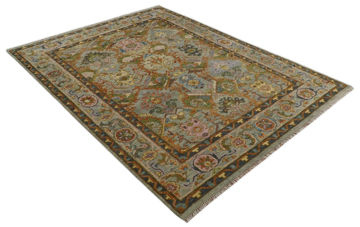 Hand knotted Silver, Rust and Pink Traditional Antique Moss green Oushak Area Rug