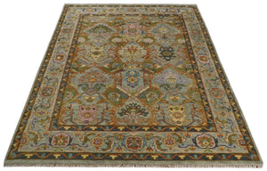Hand knotted Silver, Rust and Pink Traditional Antique Moss green Oushak Area Rug