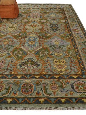 Hand knotted Silver, Rust and Pink Traditional Antique Moss green Oushak Area Rug