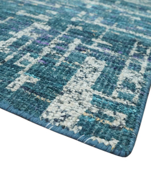 Hand Knotted Teal and Ivory Modern Abstract Contemporary Recycled Silk Area Rug