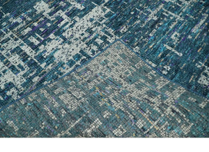 Hand Knotted Teal and Ivory Modern Abstract Contemporary Recycled Silk Area Rug