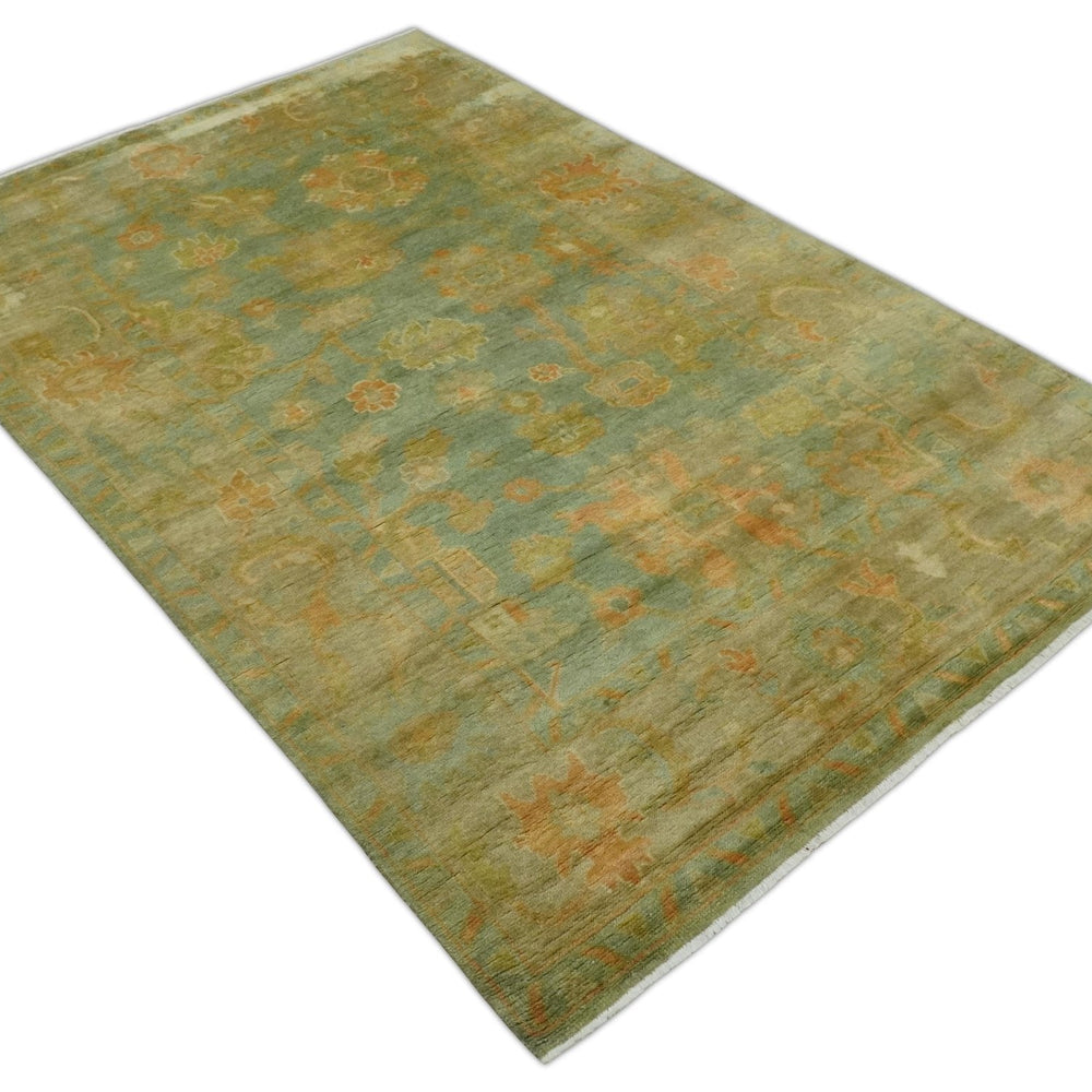 Hand Knotted Teal, Beige and Rust Vintage Style Traditional Wool Area Rug