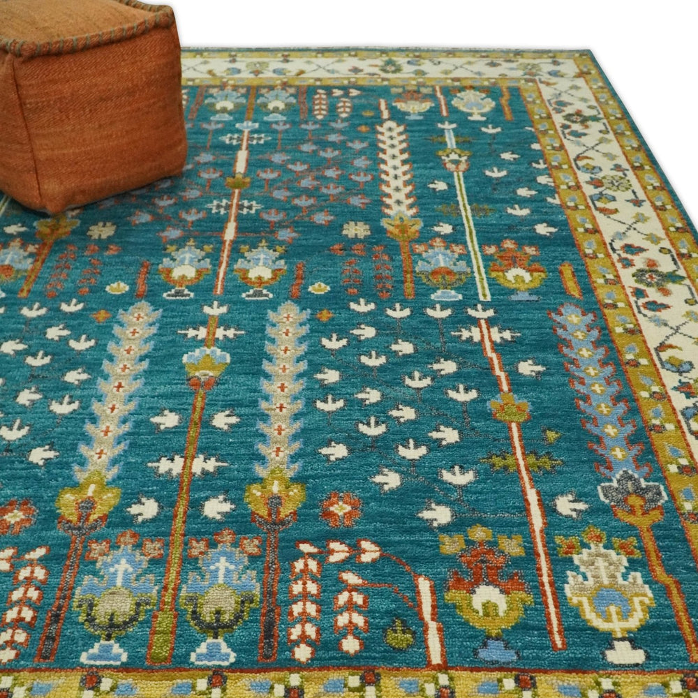 Hand Knotted Teal Blue and Ivory Tree of Life Traditional Vintage Style Wool Rug