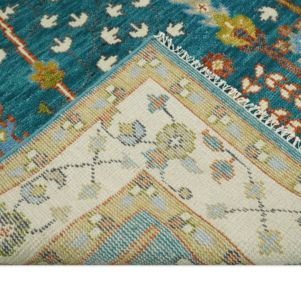 Hand Knotted Teal Blue and Ivory Tree of Life Traditional Vintage Style Wool Rug