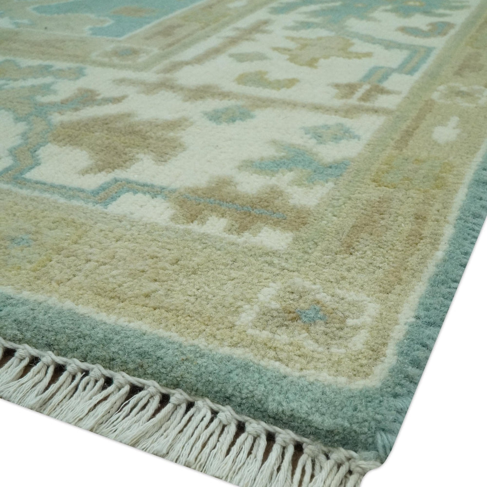 Hand Knotted Teal, Ivory and Beige Traditional Oriental Oushak Multi Size wool rug