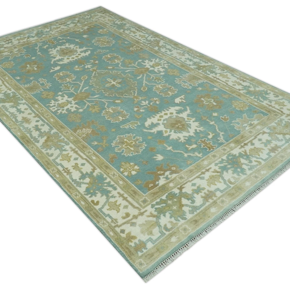 Hand Knotted Teal, Ivory and Beige Traditional Oriental Oushak Multi Size wool rug
