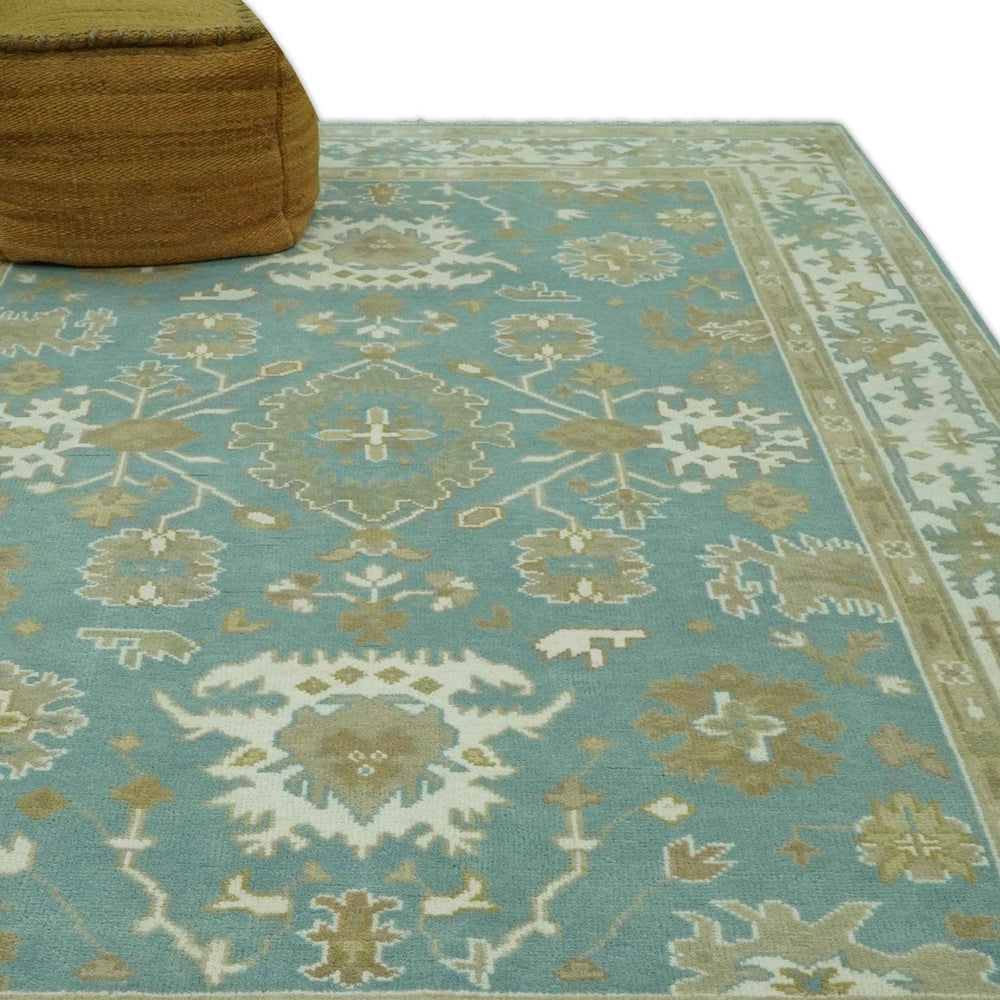 Hand Knotted Teal, Ivory and Beige Traditional Oriental Oushak Multi Size wool rug