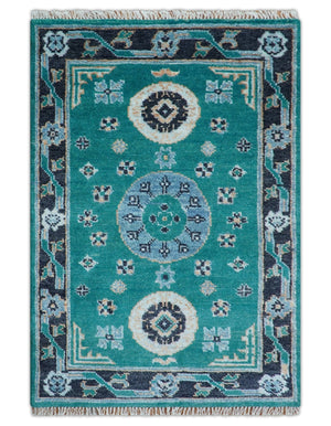 Hand knotted Teal Traditional Khotan Design 4x6 Wool Area Rug