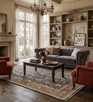Hand Knotted Traditional Black, Rust and Beige Textured Low Pile Distressed Wool Rug