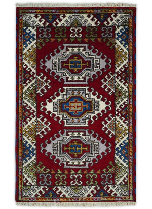 3x5 Hand Knotted Traditional Kazak Red and Ivory Wool Area Rug