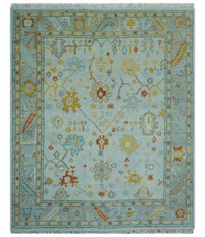 Hand Knotted Traditional Oushak Blue And Mustard Wool Rug