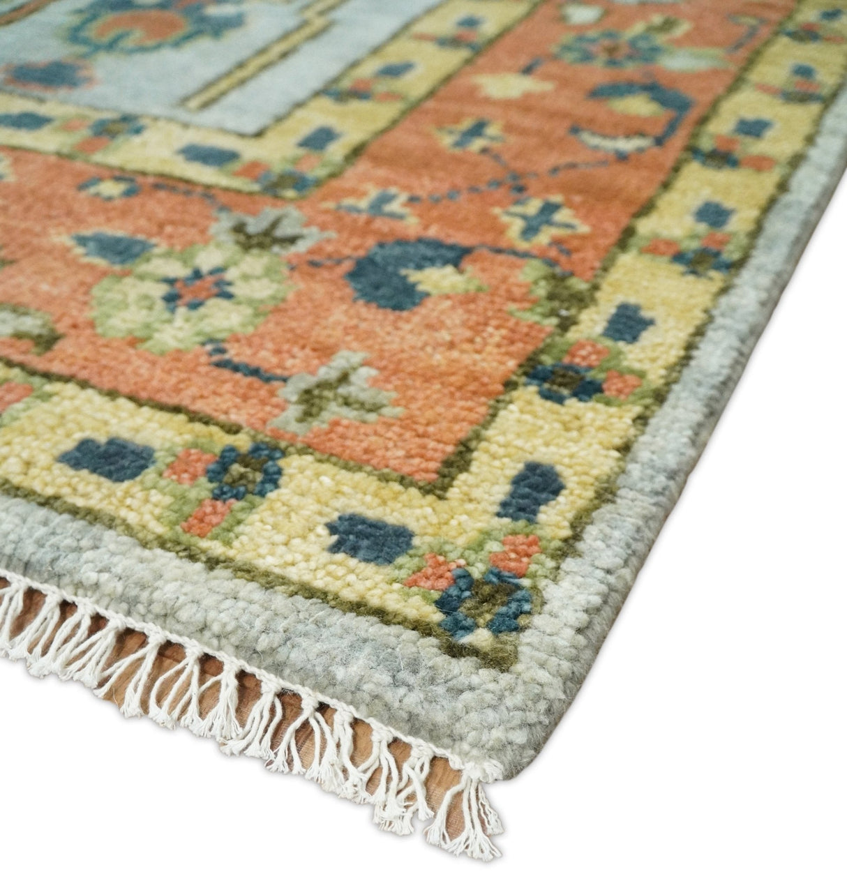Hand Knotted Tree of Life Rust and Blue Traditional Turkish Design Wool Rug