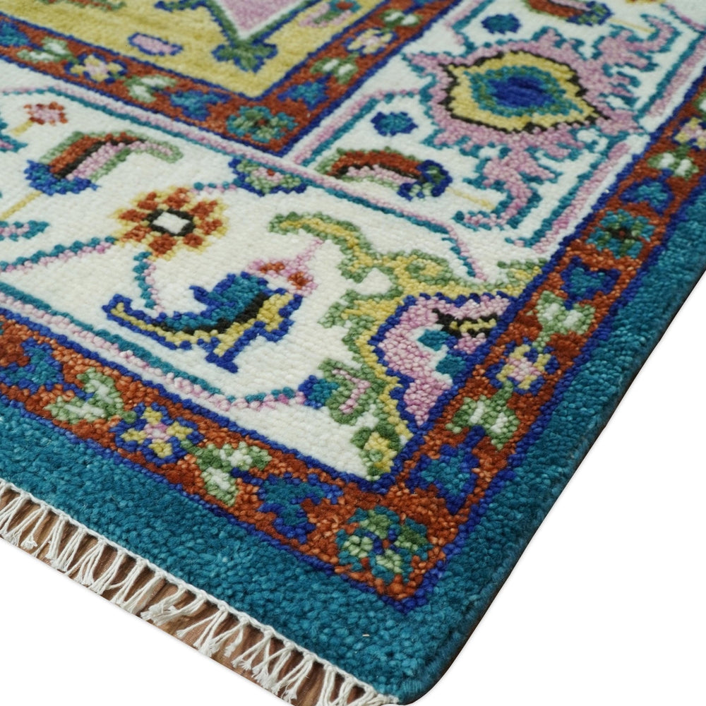 Hand Knotted White, Gold and Blue Multi Sizes Vibrant Colorful Heriz Medallion Area Rug