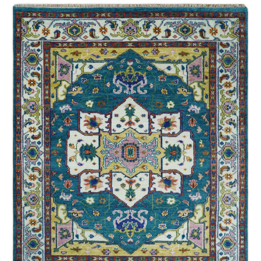 Hand Knotted White, Gold and Blue Multi Sizes Vibrant Colorful Heriz Medallion Area Rug