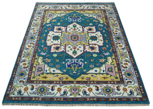 Hand Knotted White, Gold and Blue Multi Sizes Vibrant Colorful Heriz Medallion Area Rug