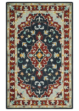 Hand Tufted Black, Rust and Beige Persian Style Wool Area Rug