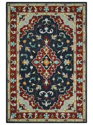 Hand Tufted Black, Rust and Beige Persian Style Wool Area Rug