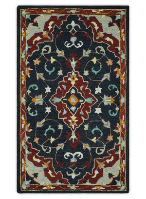 Hand Tufted Black, Rust and Beige Persian Style Wool Area Rug