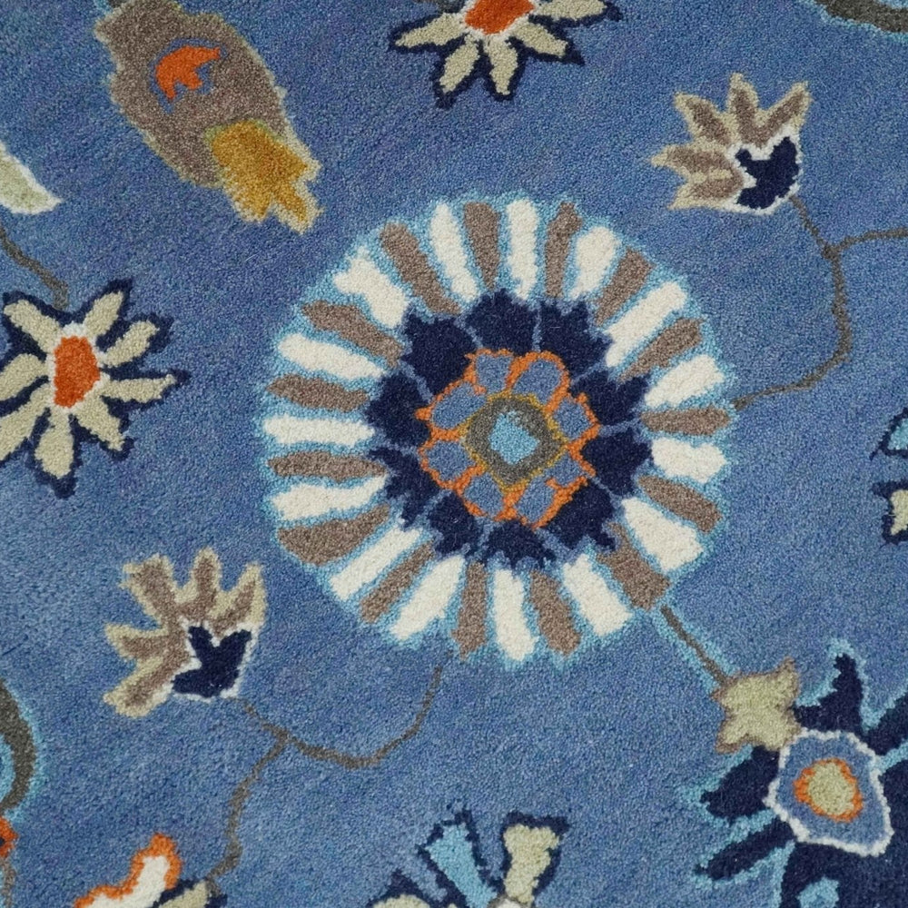 Modern Oushak Blue and Beige Hand Tufted Wool Area Rug