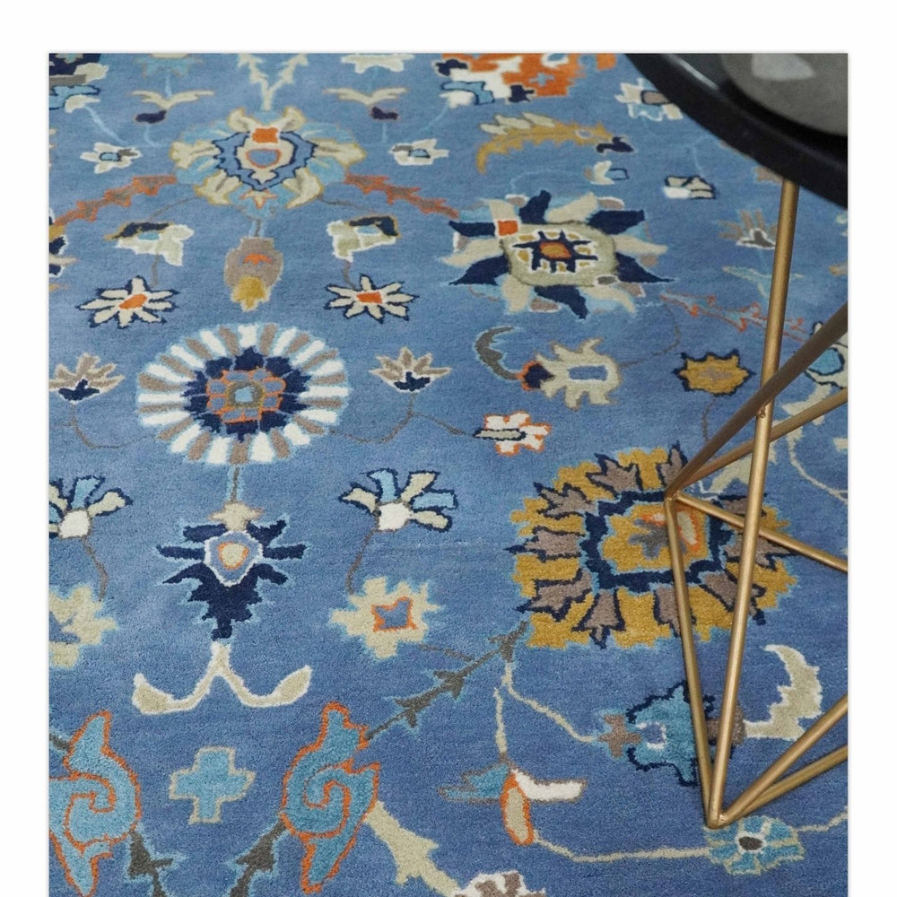 Modern Oushak Blue and Beige Hand Tufted Wool Area Rug