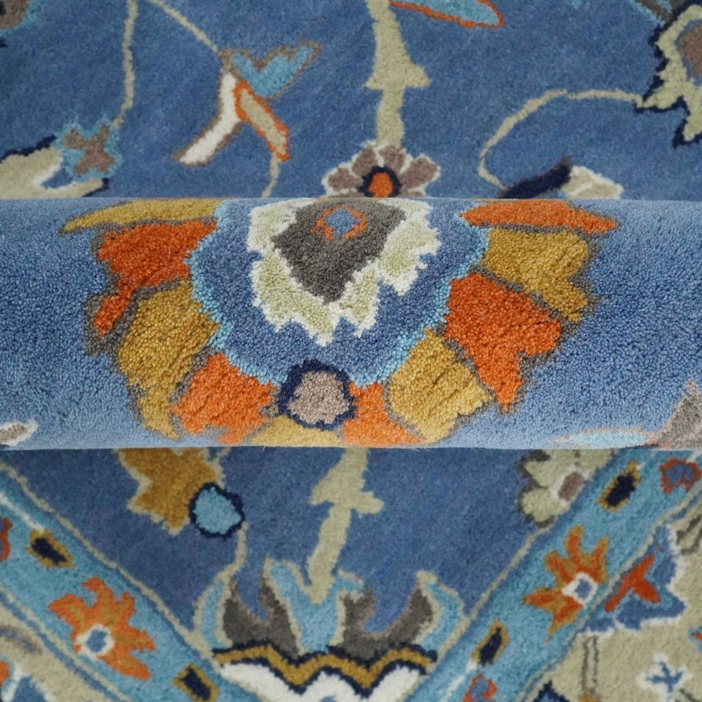 Modern Oushak Blue and Beige Hand Tufted Wool Area Rug