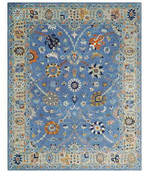 Modern Oushak Blue and Beige Hand Tufted Wool Area Rug