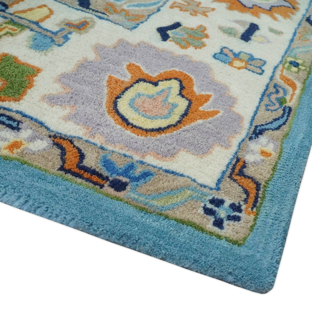 Hand Tufted Blue and Ivory Multi Size Modern Colorful Oushak Rug