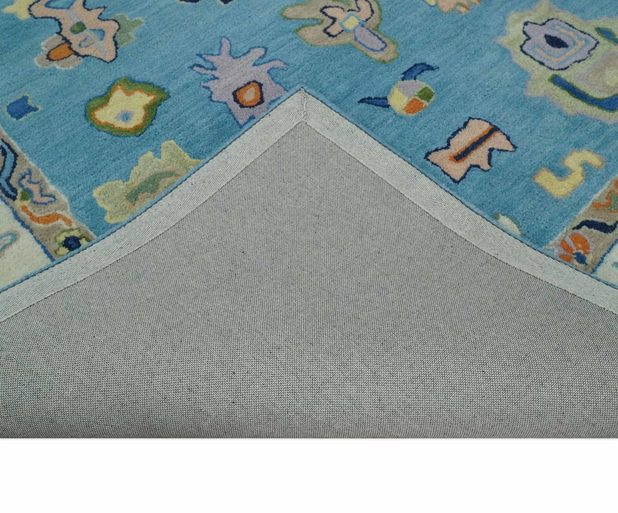 Hand Tufted Blue and Ivory Multi Size Modern Colorful Oushak Rug