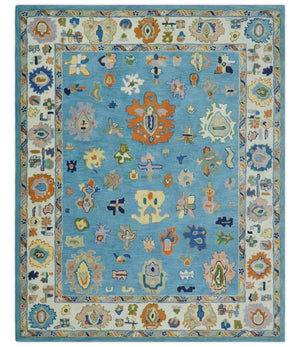 Hand Tufted Blue and Ivory Multi Size Modern Colorful Oushak Rug