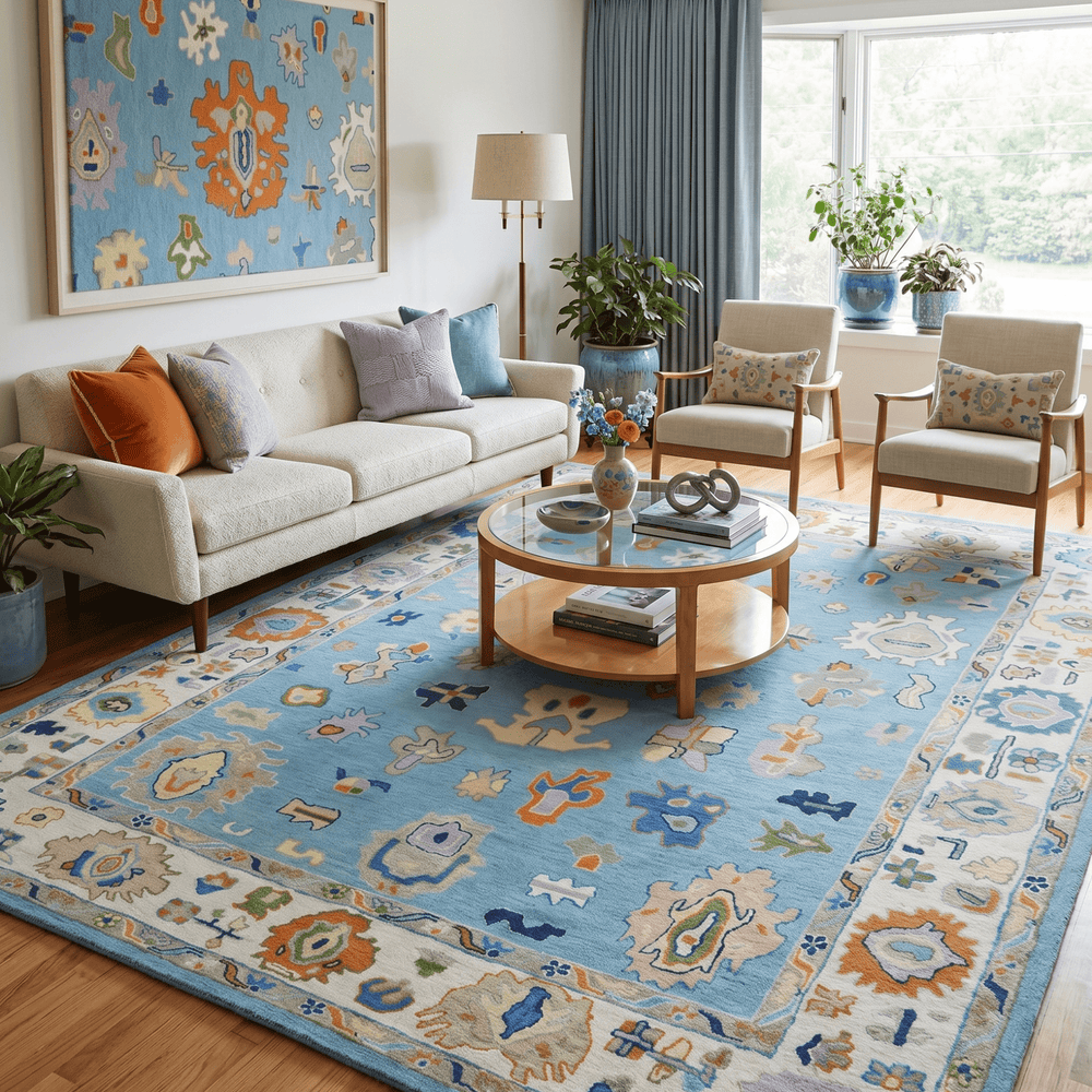 Hand Tufted Blue and Ivory Multi Size Modern Colorful Oushak Rug