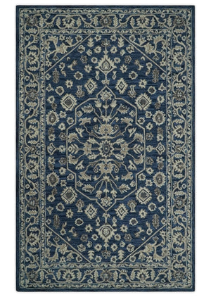 Hand Tufted Blue, Beige and Ivory 5x8 Heriz Serapi style Rug, Kids, Living Room and Bedroom Rug | TRD644158S
