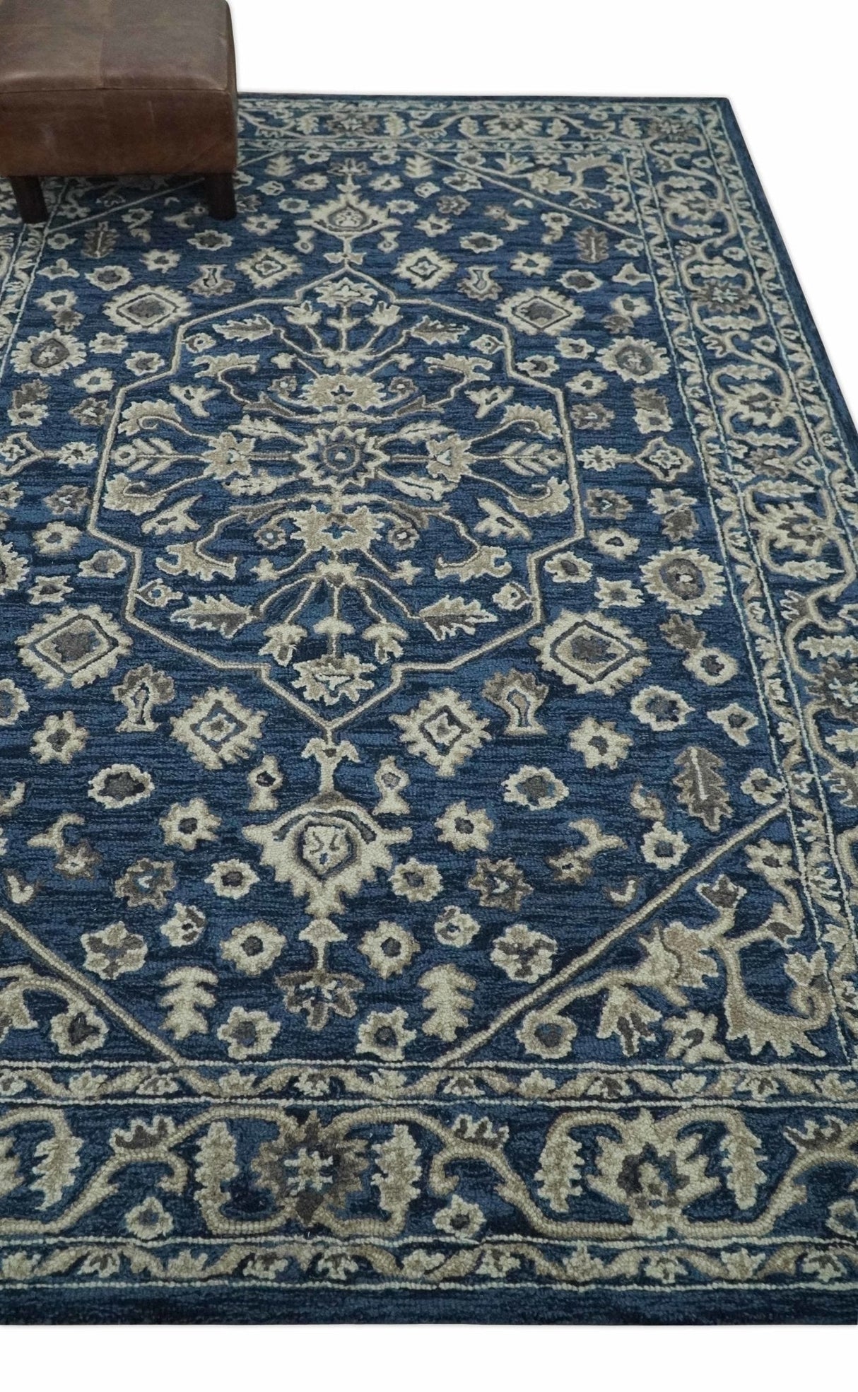 Hand Tufted Blue, Beige and Ivory 5x8 Heriz Serapi style Rug, Kids, Living Room and Bedroom Rug | TRD644158S