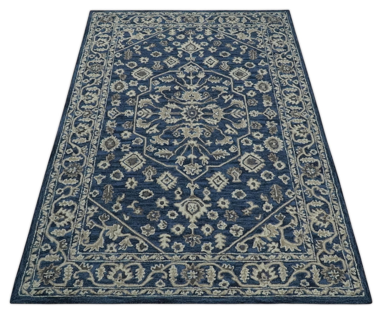 Hand Tufted Blue, Beige and Ivory 5x8 Heriz Serapi style Rug, Kids, Living Room and Bedroom Rug | TRD644158S
