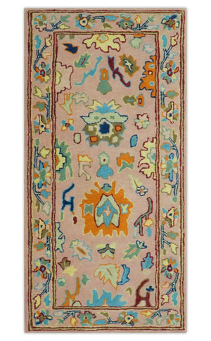 Hand Tufted Pink Peach and Gold Modern Colorful Oushak Rug